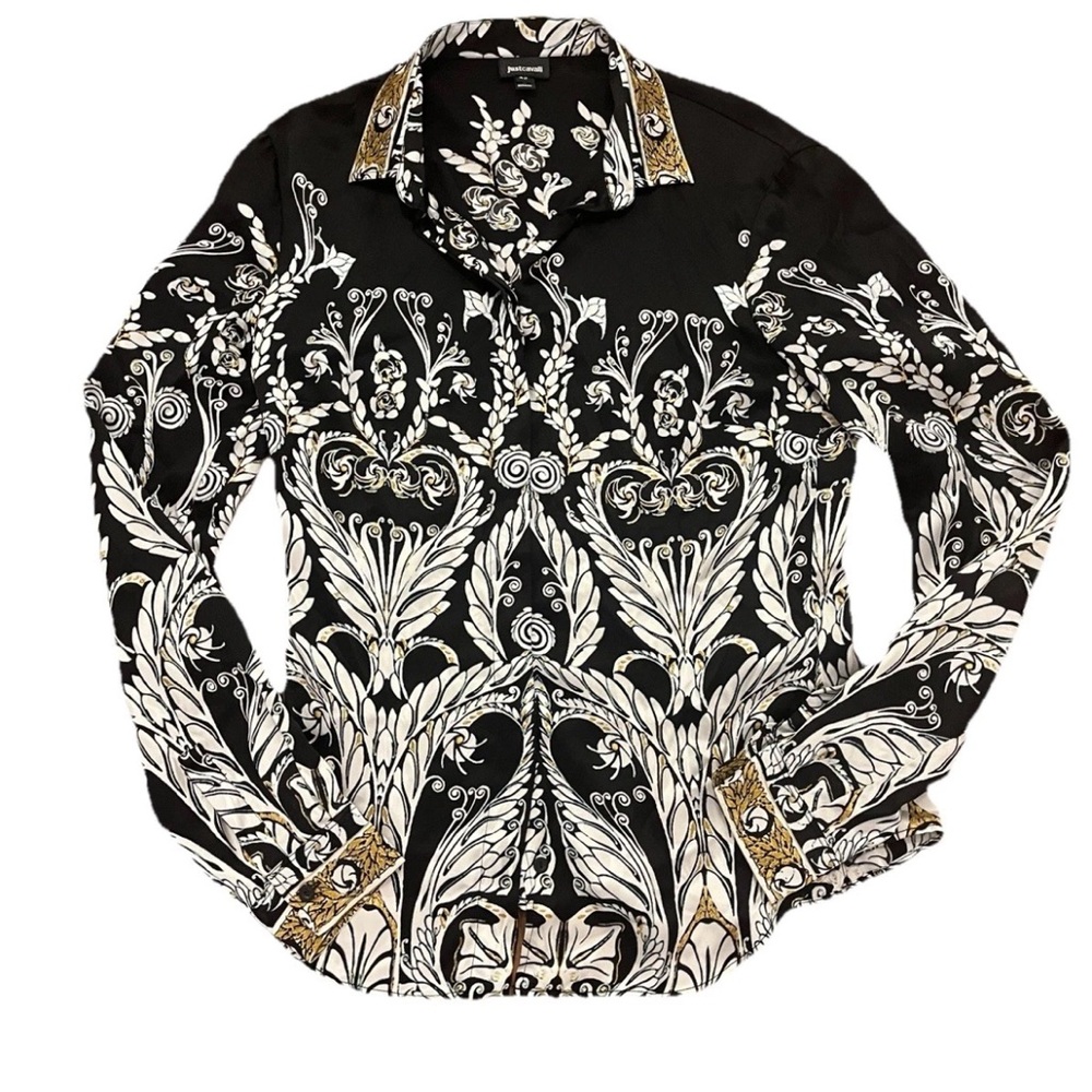 Just Cavalli Silk Baroque Print Long Sleeve Button Up Blouse Women’s Size 42